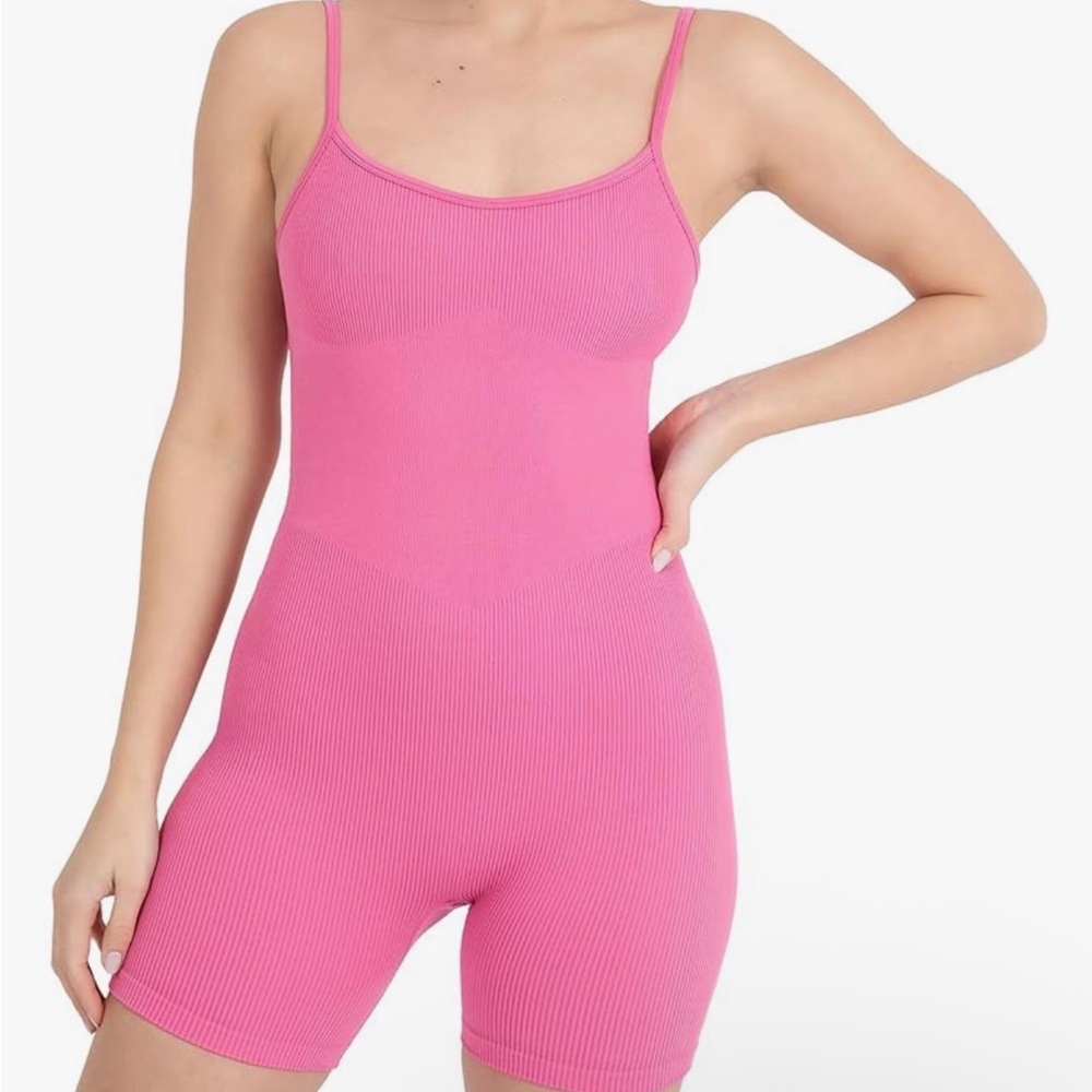 Pink ribbed workout romper- small